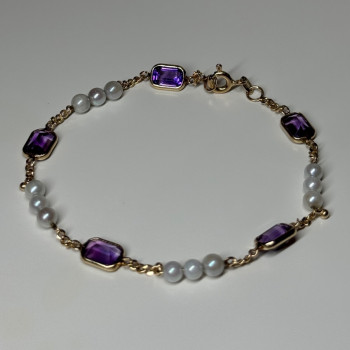 14K Yellow Gold Amethyst & Pearls Bracelet Length 7