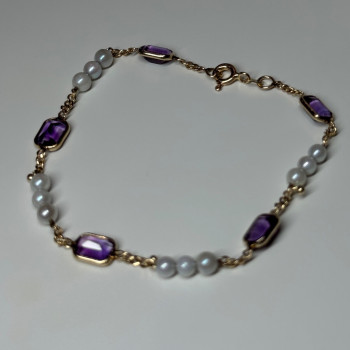14K Yellow Gold Amethyst & Pearls Bracelet Length 7