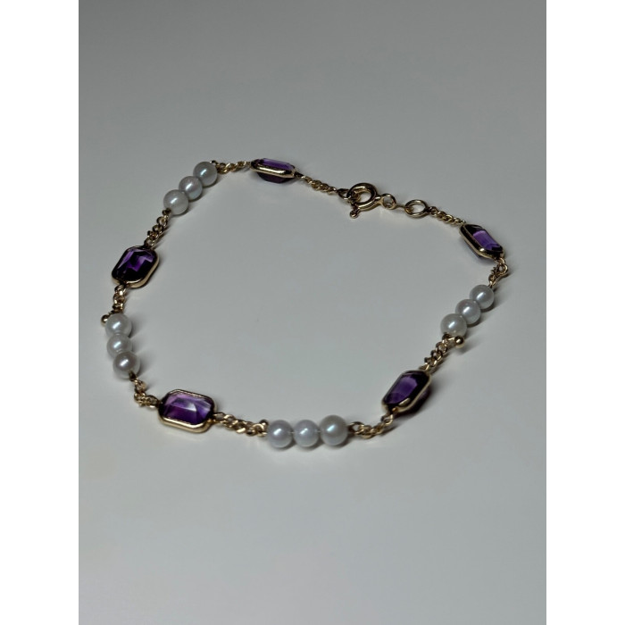 14K YELLOW GOLD AMETHYST & PEARLS BRACELET LENGTH 7