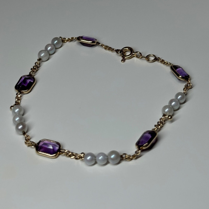 14K Yellow Gold Amethyst & Pearls Bracelet Length 7