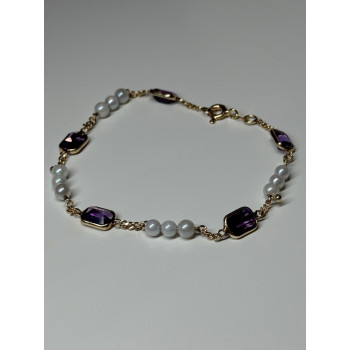 14K YELLOW GOLD AMETHYST & PEARLS BRACELET LENGTH 7