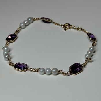 14K Yellow Gold Amethyst & Pearls Bracelet Length 7