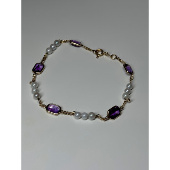 14K YELLOW GOLD AMETHYST & PEARLS BRACELET LENGTH 7