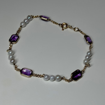 14K Yellow Gold Amethyst & Pearls Bracelet Length 7