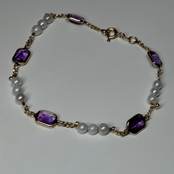 14K Yellow Gold Amethyst & Pearls Bracelet Length 7