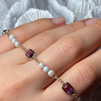 14K Yellow Gold Amethyst & Pearls Bracelet Length 7