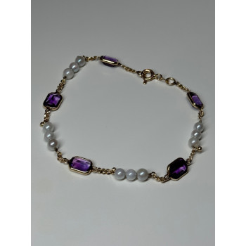 14K YELLOW GOLD AMETHYST & PEARLS BRACELET LENGTH 7