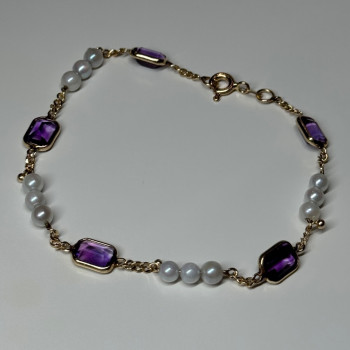 14K Yellow Gold Amethyst & Pearls Bracelet Length 7