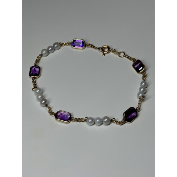 14K YELLOW GOLD AMETHYST & PEARLS BRACELET LENGTH 7
