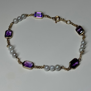 14K Yellow Gold Amethyst & Pearls Bracelet Length 7