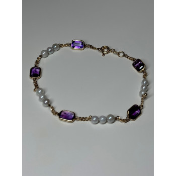 14K YELLOW GOLD AMETHYST & PEARLS BRACELET LENGTH 7