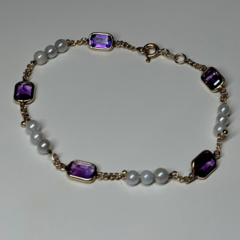 14K Yellow Gold Amethyst & Pearls Bracelet Length 7