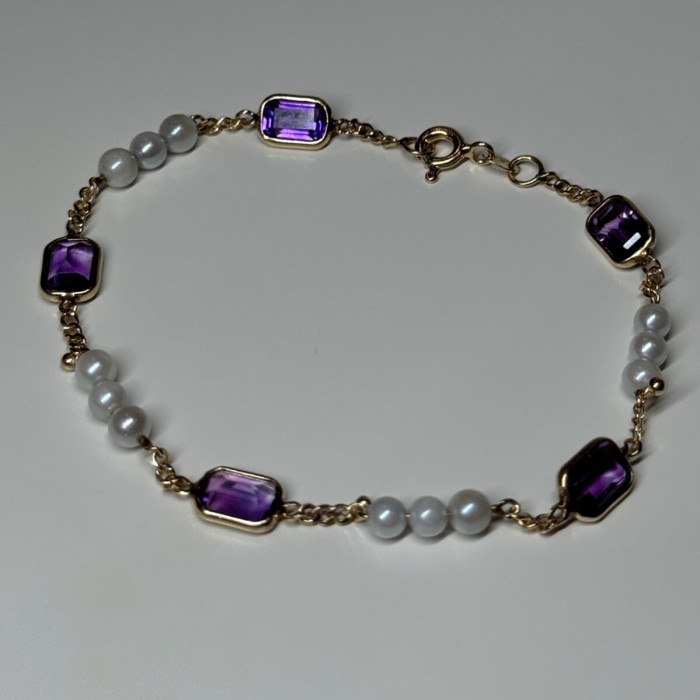 14K Yellow Gold Amethyst & Pearls Bracelet Length 7