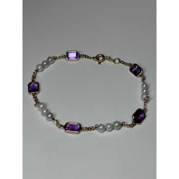 14K YELLOW GOLD AMETHYST & PEARLS BRACELET LENGTH 7