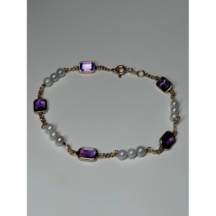 14K YELLOW GOLD AMETHYST & PEARLS BRACELET LENGTH 7