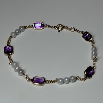 14K Yellow Gold Amethyst & Pearls Bracelet Length 7