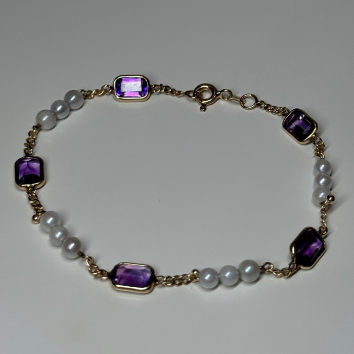 14K Yellow Gold Amethyst & Pearls Bracelet Length 7