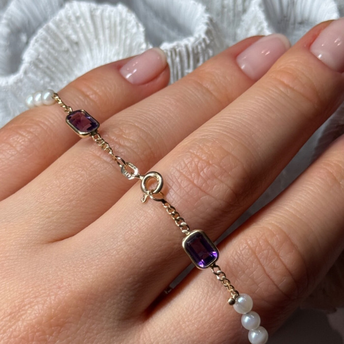 14K Yellow Gold Amethyst & Pearls Bracelet Length 7