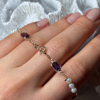 14K Yellow Gold Amethyst & Pearls Bracelet Length 7