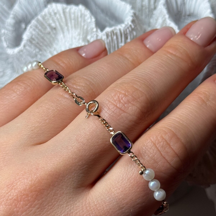 14K Yellow Gold Amethyst & Pearls Bracelet Length 7