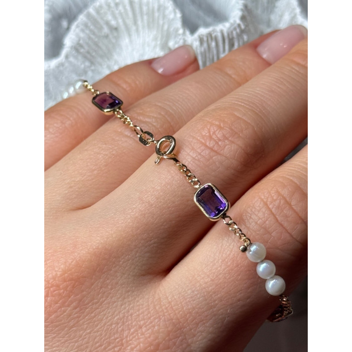 14K YELLOW GOLD AMETHYST & PEARLS BRACELET LENGTH 7
