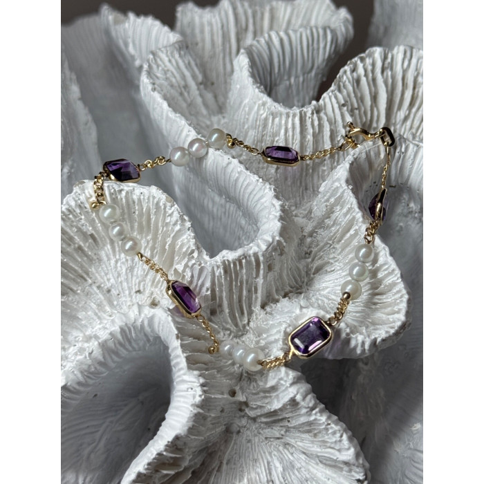 14K YELLOW GOLD AMETHYST & PEARLS BRACELET LENGTH 7