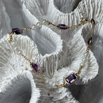 14K Yellow Gold Amethyst & Pearls Bracelet Length 7
