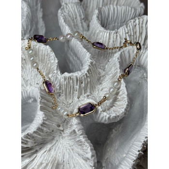 14K YELLOW GOLD AMETHYST & PEARLS BRACELET LENGTH 7