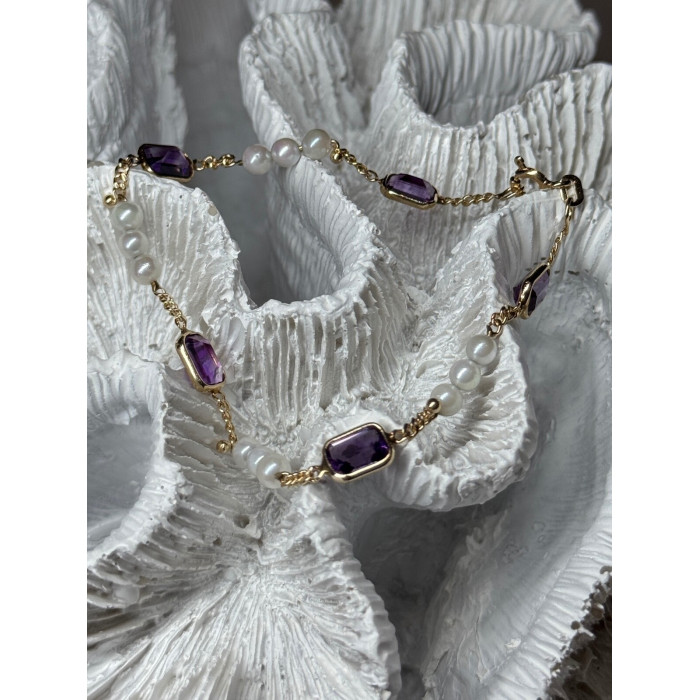 14K YELLOW GOLD AMETHYST & PEARLS BRACELET LENGTH 7