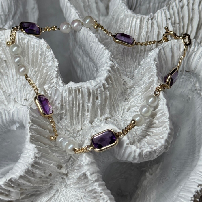 14K Yellow Gold Amethyst & Pearls Bracelet Length 7