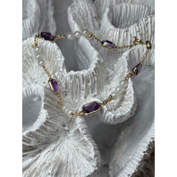 14K YELLOW GOLD AMETHYST & PEARLS BRACELET LENGTH 7