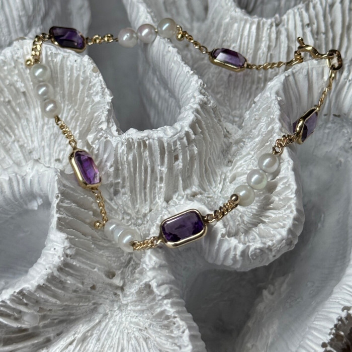 14K Yellow Gold Amethyst & Pearls Bracelet Length 7