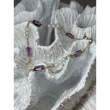 14K YELLOW GOLD AMETHYST & PEARLS BRACELET LENGTH 7