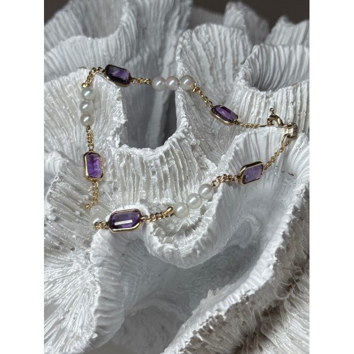 14K YELLOW GOLD AMETHYST & PEARLS BRACELET LENGTH 7