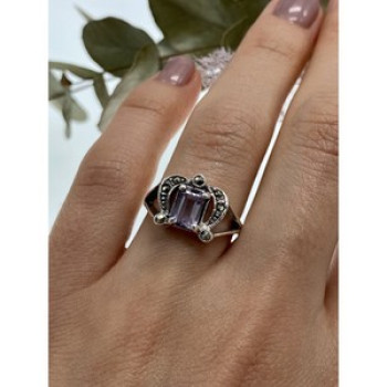 925 Sterling Silver Iolite & Marcasites Ring Size 7