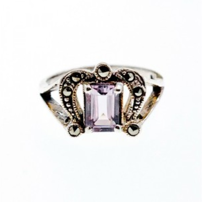 925 Sterling Silver Iolite & Marcasites Ring Size 7