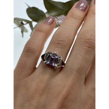 925 Sterling Silver Iolite & Marcasites Ring Size 7