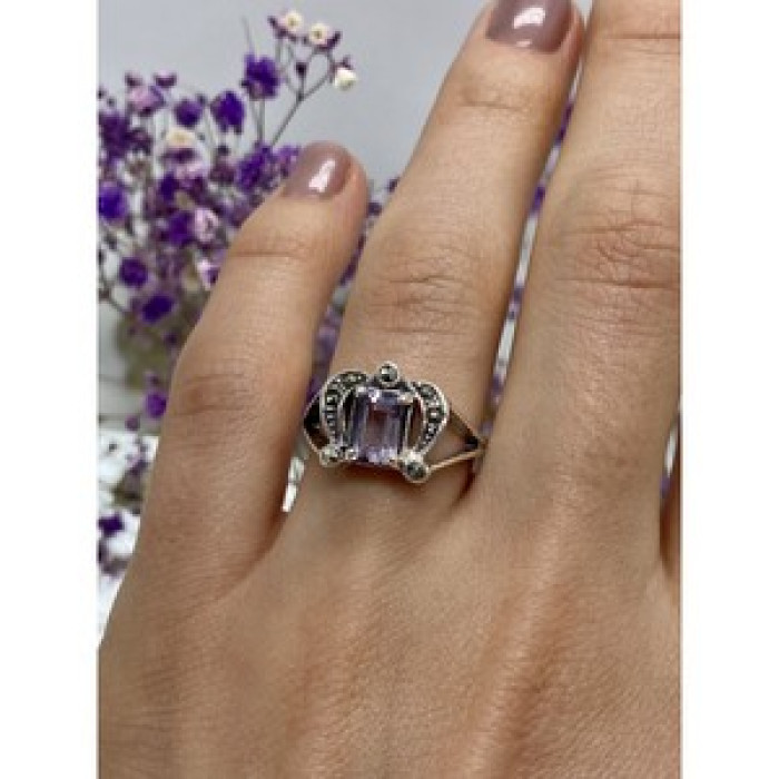 925 Sterling Silver Iolite & Marcasites Ring Size 7