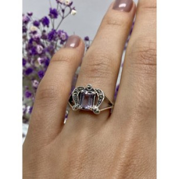 925 Sterling Silver Iolite & Marcasites Ring Size 7