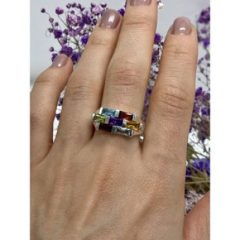 925 Sterling Silver Multi Gemstones Ring Size 11