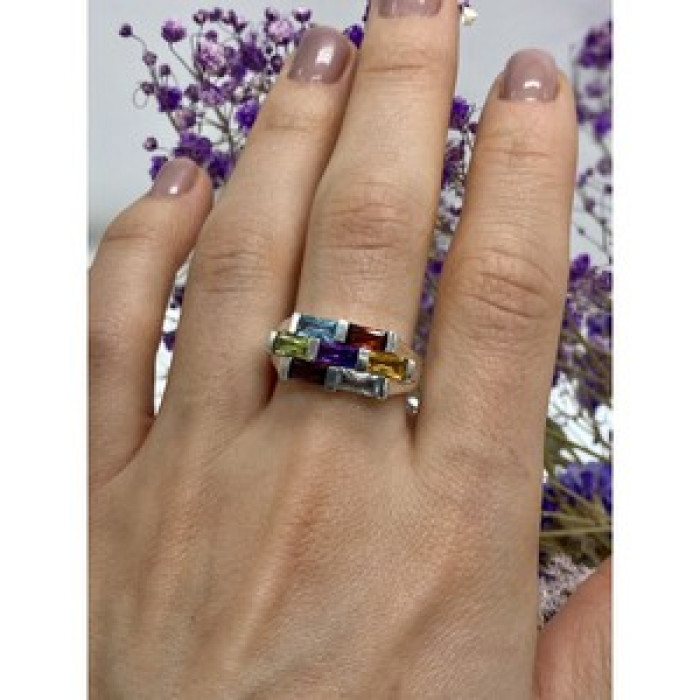 925 Sterling Silver Multi Gemstones Ring Size 11