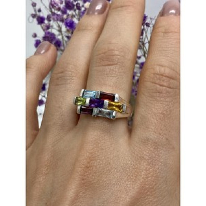 925 Sterling Silver Multi Gemstones Ring Size 11