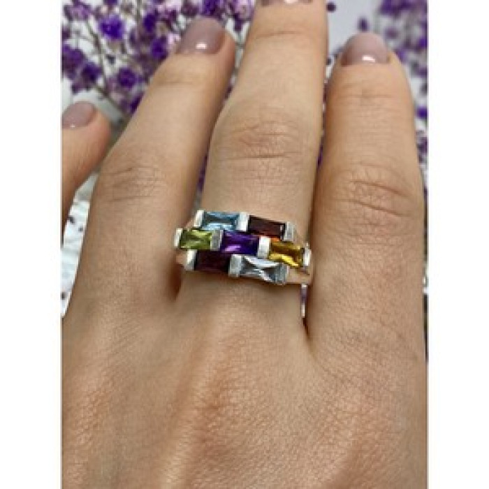 925 Sterling Silver Multi Gemstones Ring Size 11