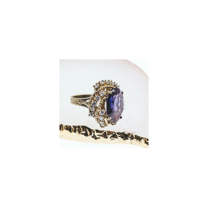 925 STERLING SILVER GOLD PLATED PURPLE SPINEL & CZ RING SIZE 6