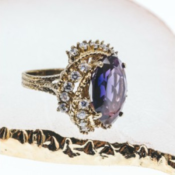 925 Sterling Silver Gold Plated Purple Spinel & CZ Ring Size 6