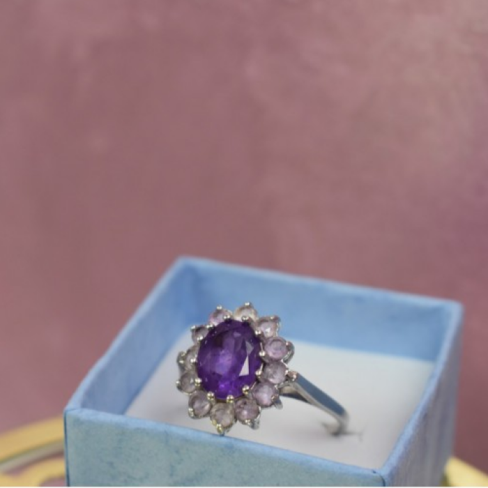 925 Sterling Silver Amethyst & Morganite Ring Size 8