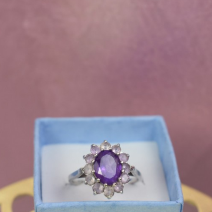 925 Sterling Silver Amethyst & Morganite Ring Size 8