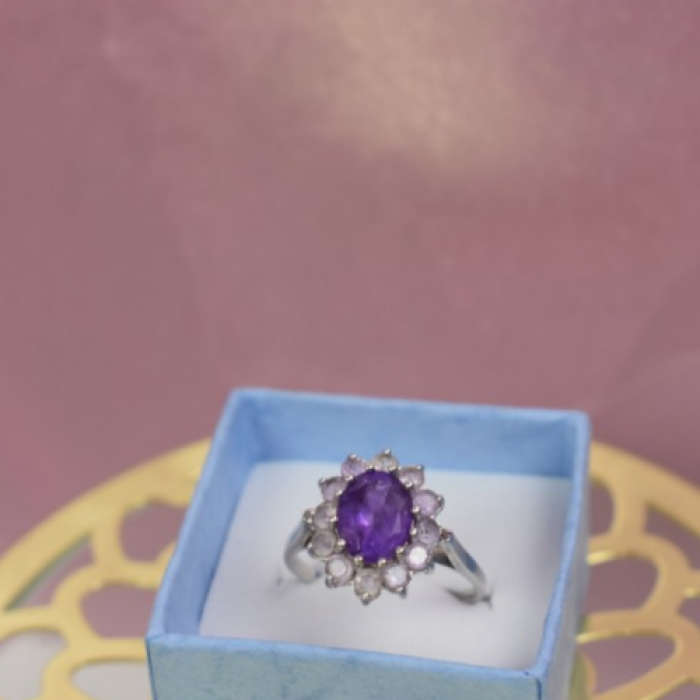 925 Sterling Silver Amethyst & Morganite Ring Size 8