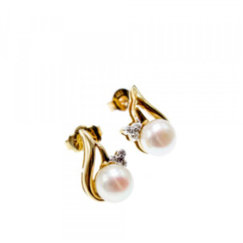 14K Yellow Gold Pearl & Diamonds Earrings