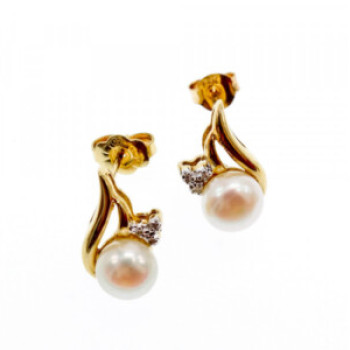 14K Yellow Gold Pearl & Diamonds Earrings